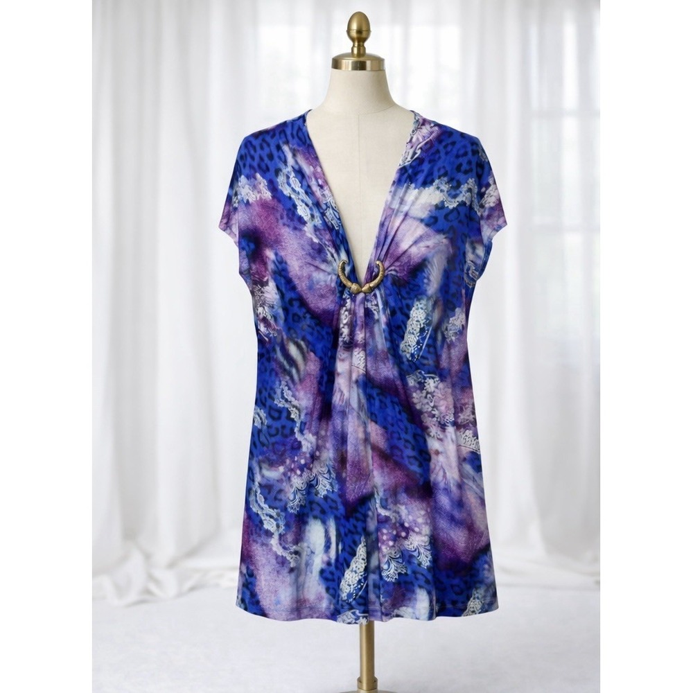 New Lane Bryant Top V-Neck Silver Accent Cap Sleeve Blouse Blue Purple 18/20